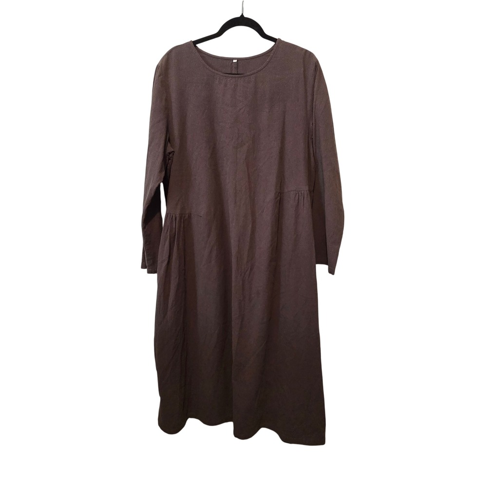 Mordenmiss Midi Dress Womens XXL Brown Linen Cotton Lagenlook Pockets Casual